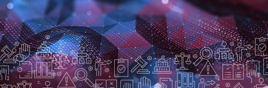 a decorative banner that shows law-related icons against a geometric background