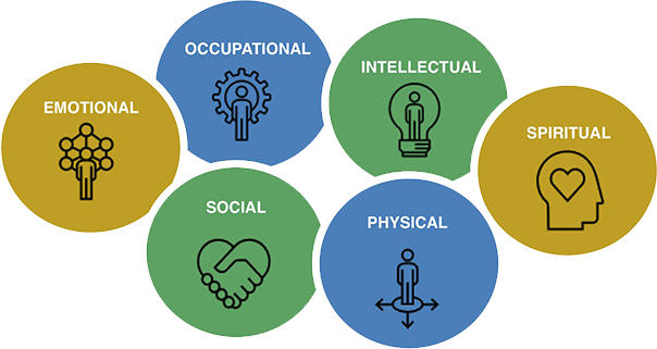 A graphic with 6 circles that represent each of the facets of wellness: emotional, occupational, intellectual, spiritual, physical, and social.